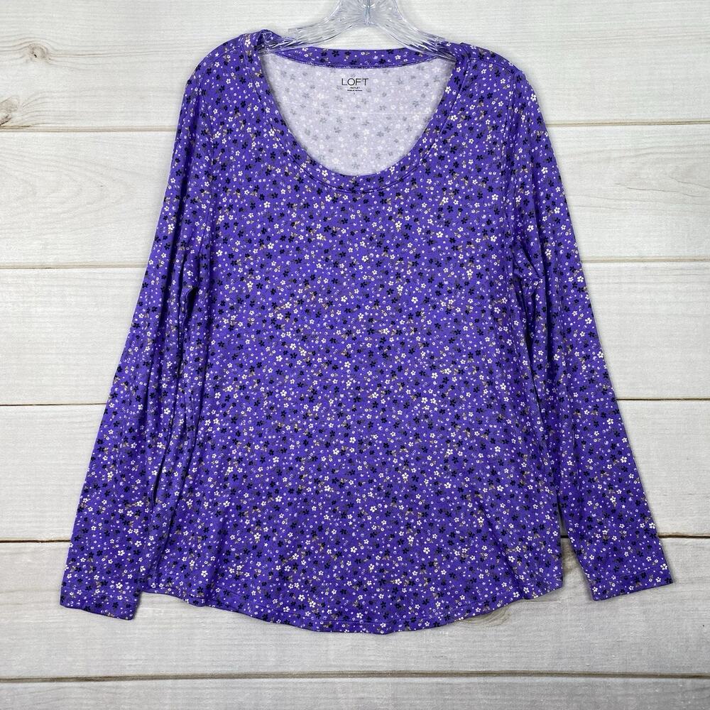 Ann Taylor LOFT Blouse Top L Purple Micro Floral Soft Knit Long Sleeve Boho